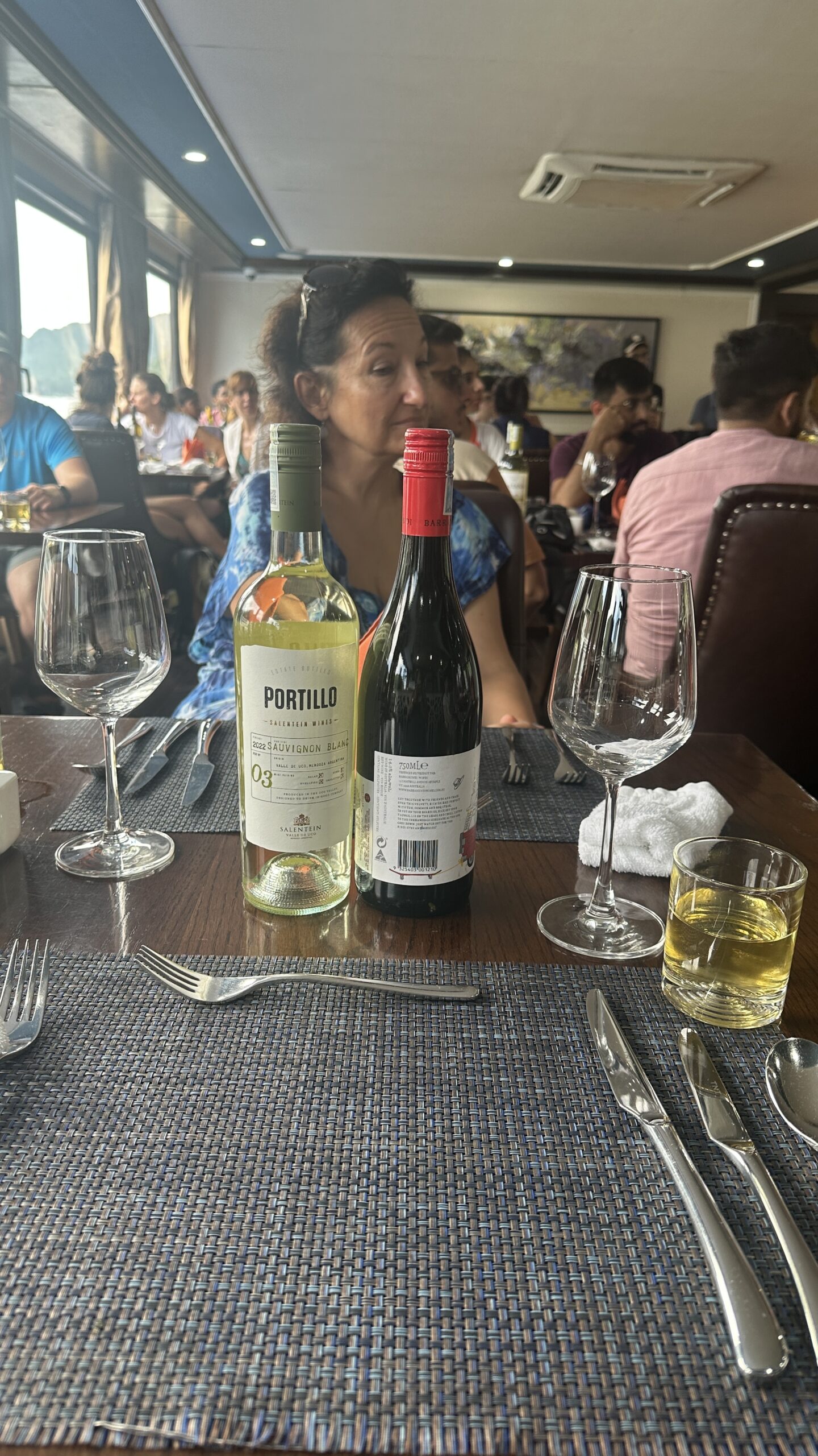 Image of a bottle of POTILLO SALENTEIN WINES, a French wine brand, placed on a table at a restaurant of Ha Long Bay, Vietnam.
