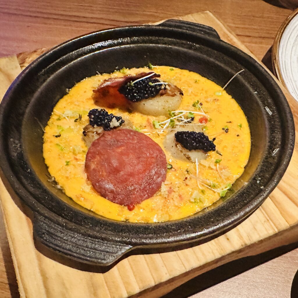 This image is of Pan seared Scallops & Chorizo mousse prepared by Kalido Phuket | Followfauzia.com